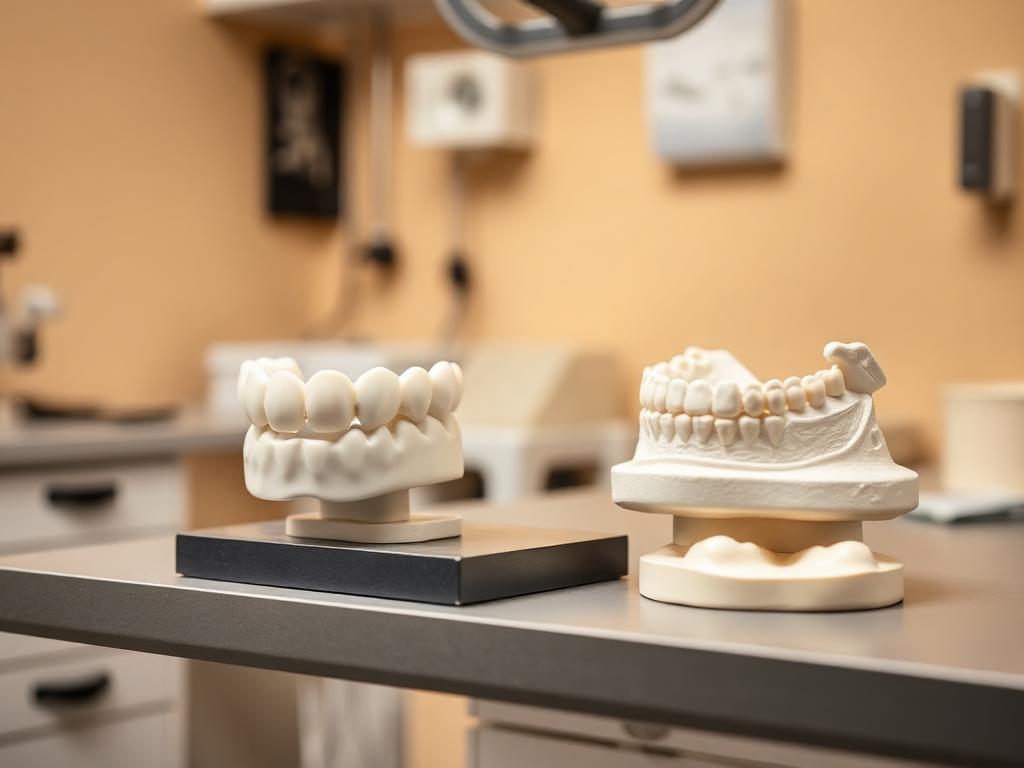 Laboratuvar tezgâhında alçı diş modelleri ve kron çalışması.